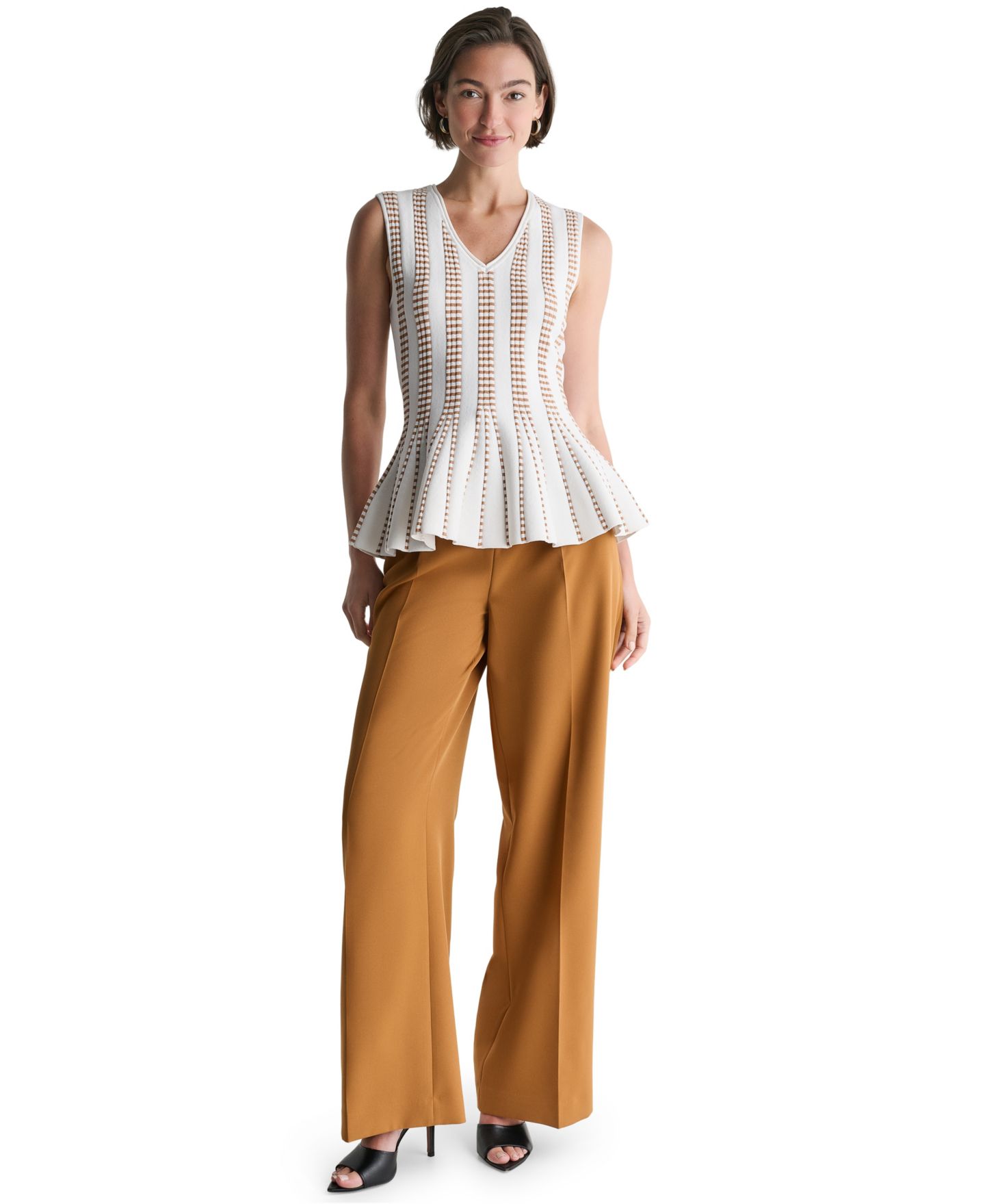 Женский топ BCBG Striped Peplum Knit V-Neck, цвет: Белый / Карамельный — фото 2