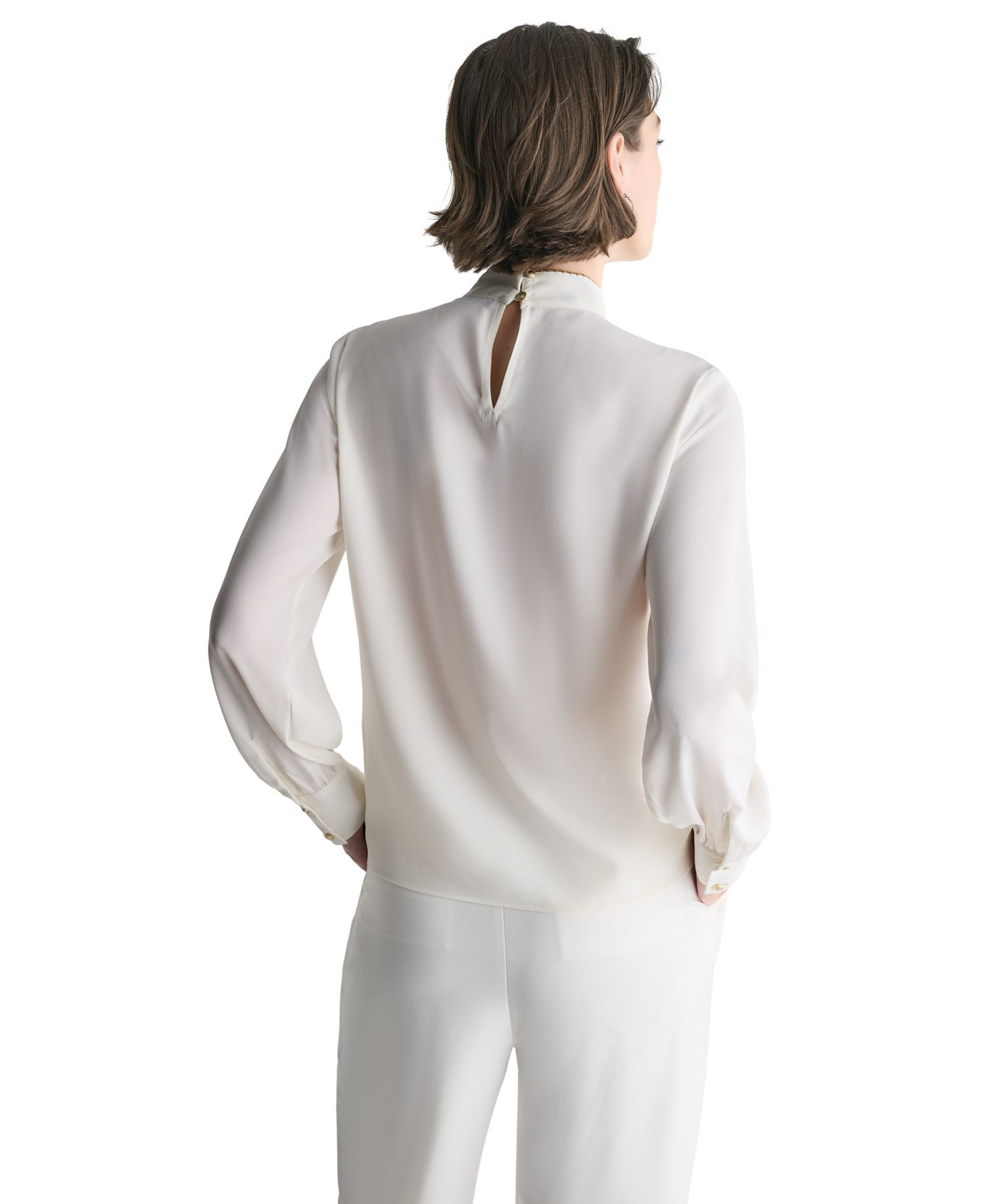 Women's Tie-Neck Embroidered Back-Keyhole Blouse