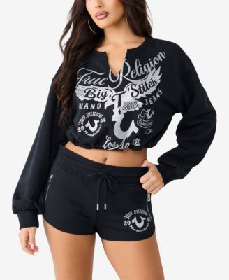 Women's V-Notch Pullover Cropped Long-Sleeve Print Top