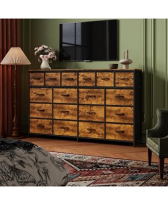 63" Wide Fabric Dresser and TV Stand with Charging Station, 18 Drawers