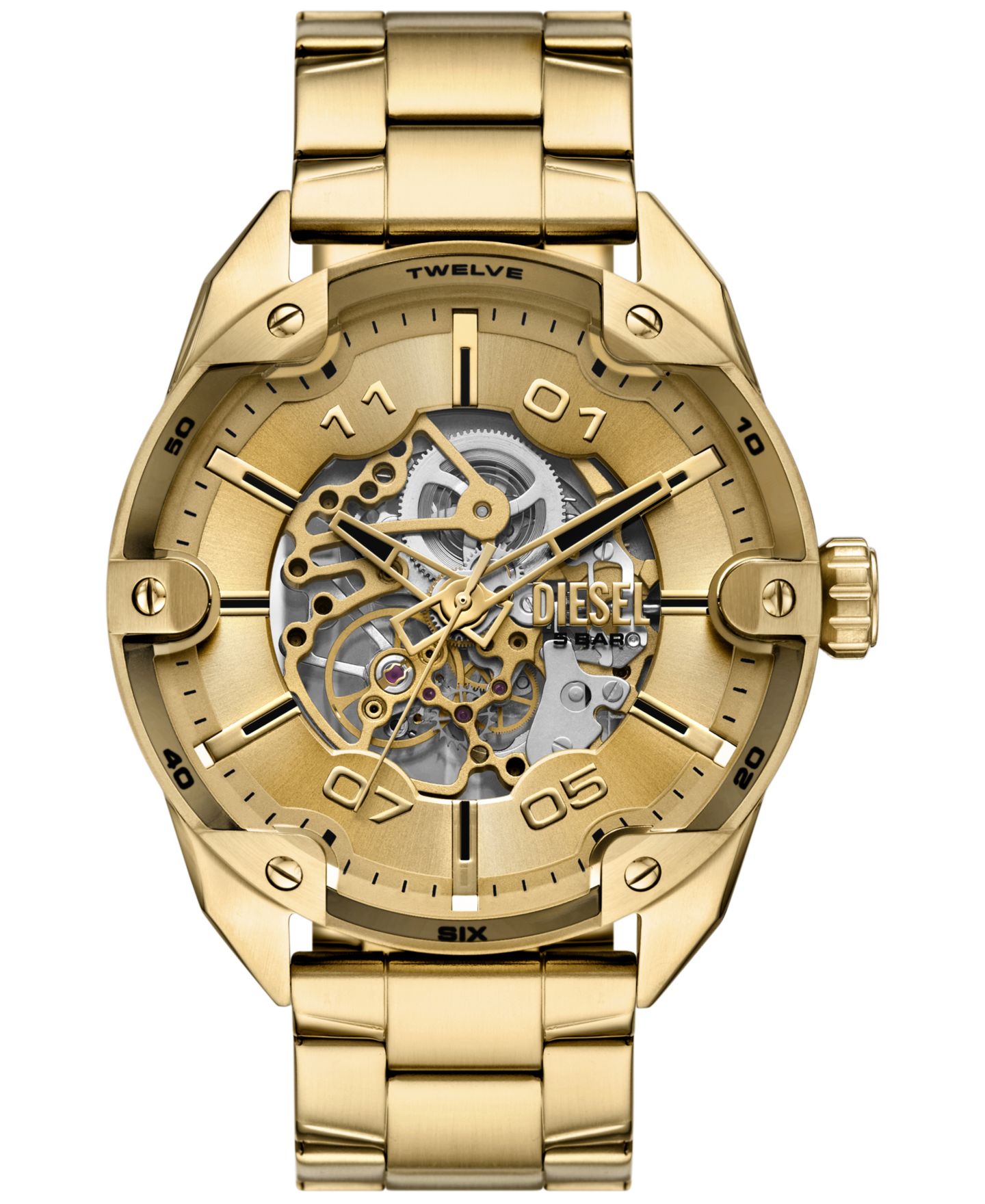 Мужские часы Diesel Spiked Automatic Three-Hand Gold Stainless Steel Watch 49mm — фото 1