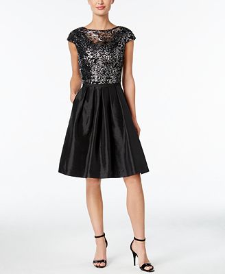 Calvin klein Sequin Cap-sleeve Fit-and-flare Dress in Natural | Lyst