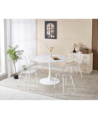 5-Piece Round Marble-Patterned Dining Set: 1 Table and 4 Chairs