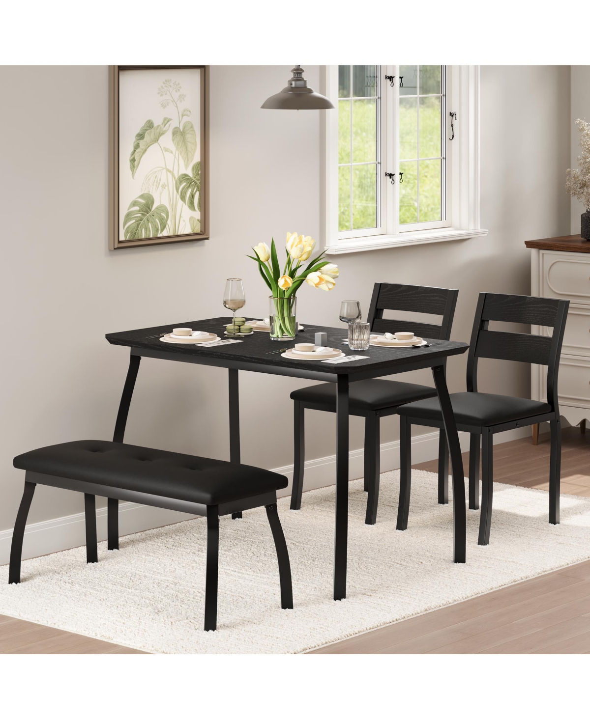 homfan Dining Table Set for 4 - Kitchen with Upholstered Bench and 2 Chairs Space-Saving Metal Frame Retro Room