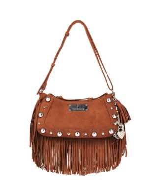 Vintage Dangle Fringe Hobo Bag with Studded Trim and Charm Accents