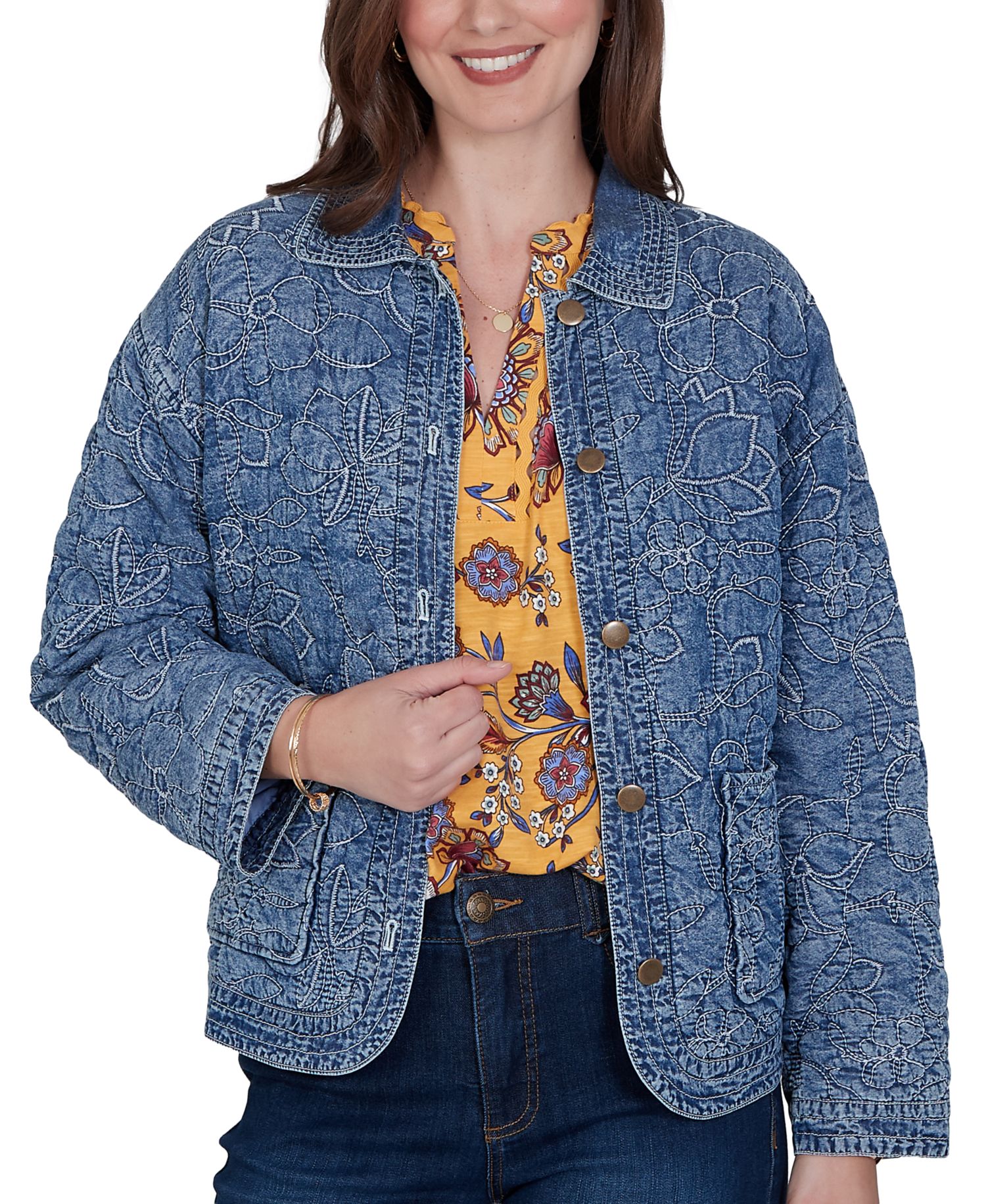 Petite Quilted Floral Denim Jacket