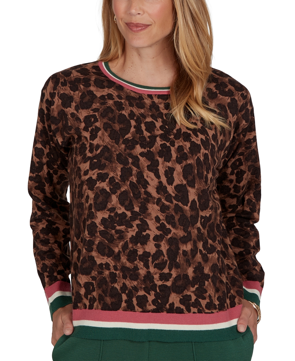 Ruby Rd. Petite Cheetah Print Knit Sweater In Dark Chocolate Multi