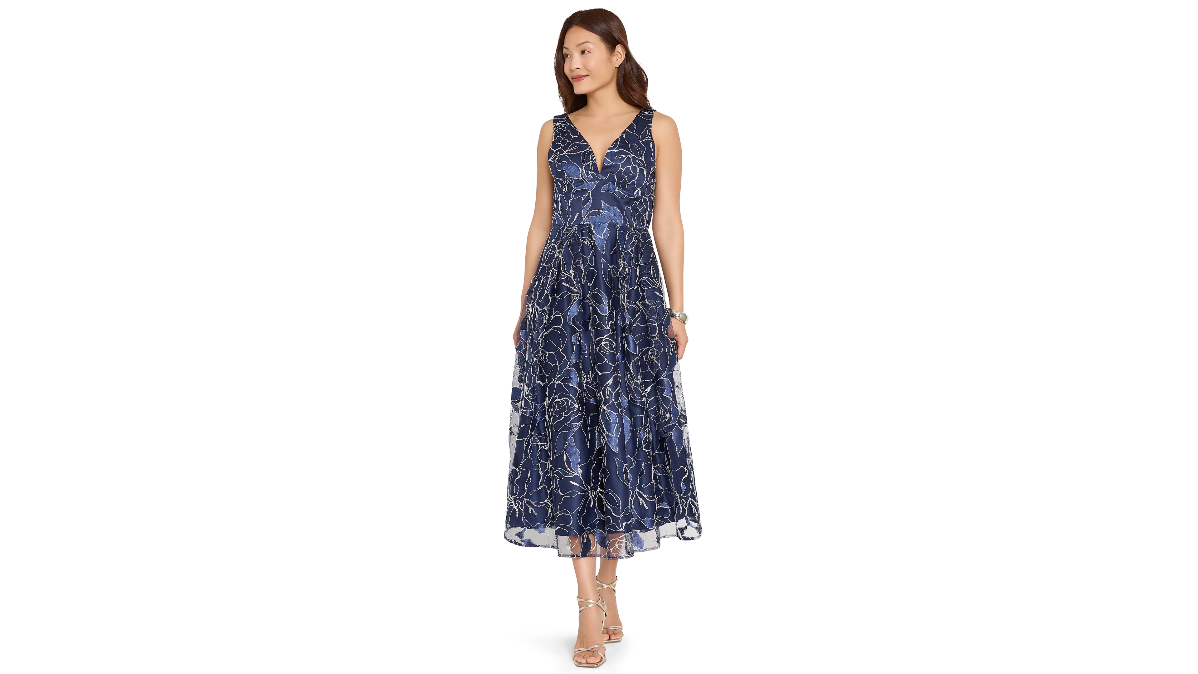 Tahari Asl Women's Floral Metallic Soutache A-Line Midi Dress