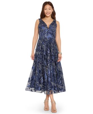 Tahari ASL Women's Floral Metallic Soutache A-Line Midi Dress - Navy silver