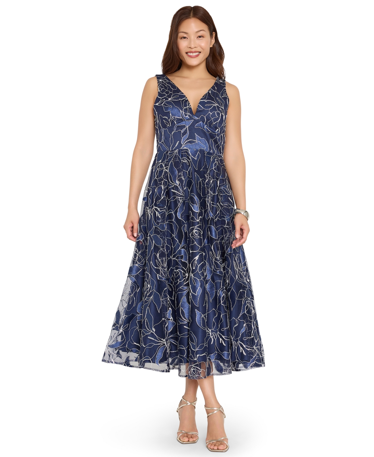 Tahari Asl Women's Floral Metallic Soutache A-Line Midi Dress