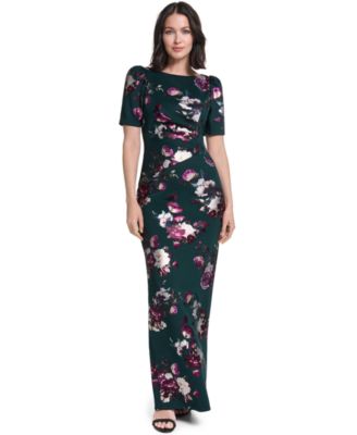 Petite Floral Boat Neck Elbow-Sleeve Gown