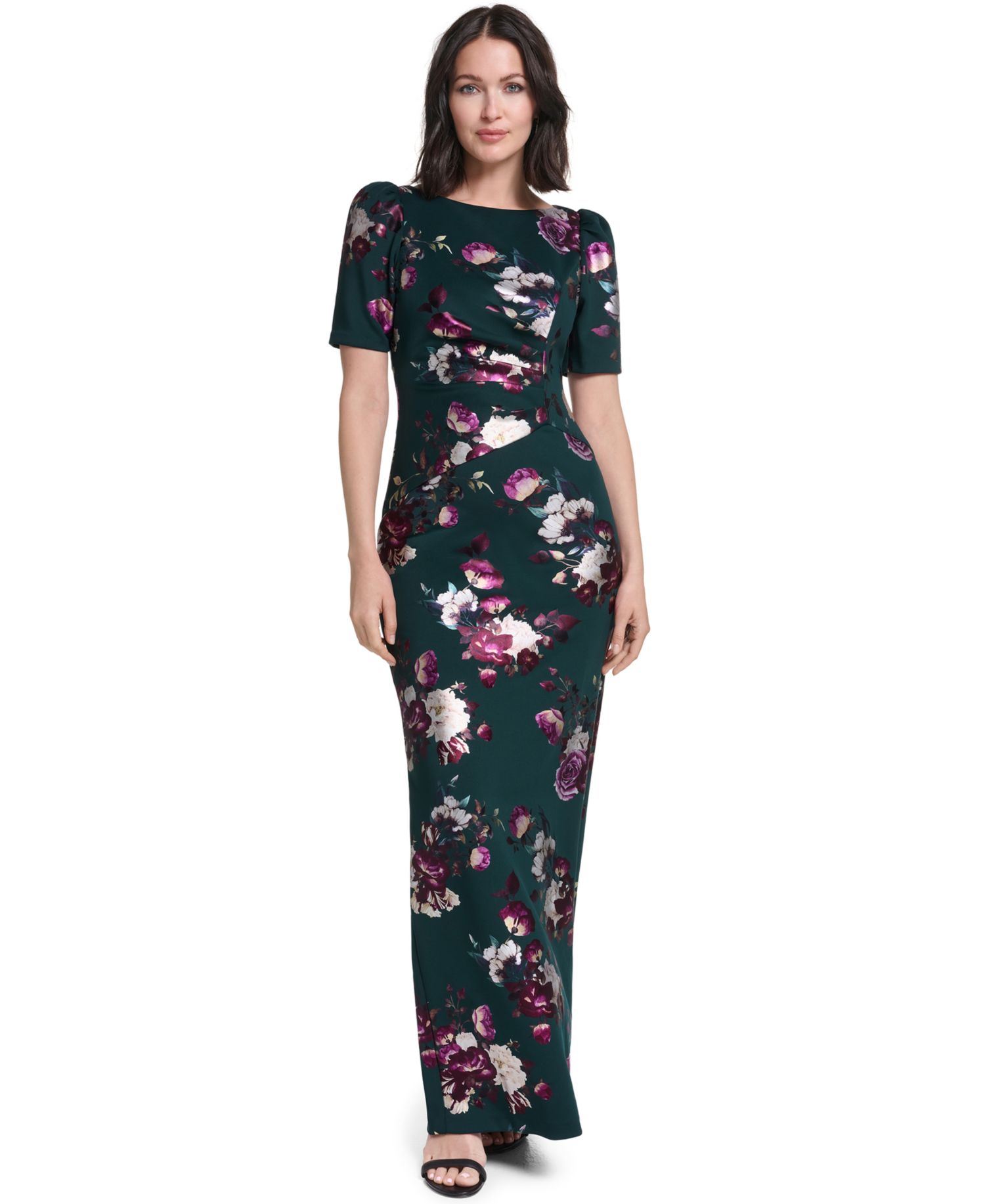 Petite Floral Boat Neck Elbow-Sleeve Gown