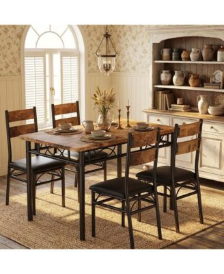 5-Piece Dining Table Set for 4, Industrial Rectangular Kitchen Table with 4 Upholstered Chairs, Metal Frame