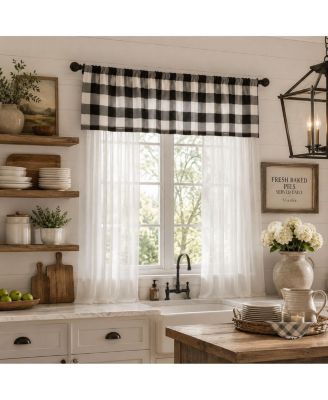 3 Piece Country Farmhouse Buffalo Plaid Sheer Curtains And Valance Set