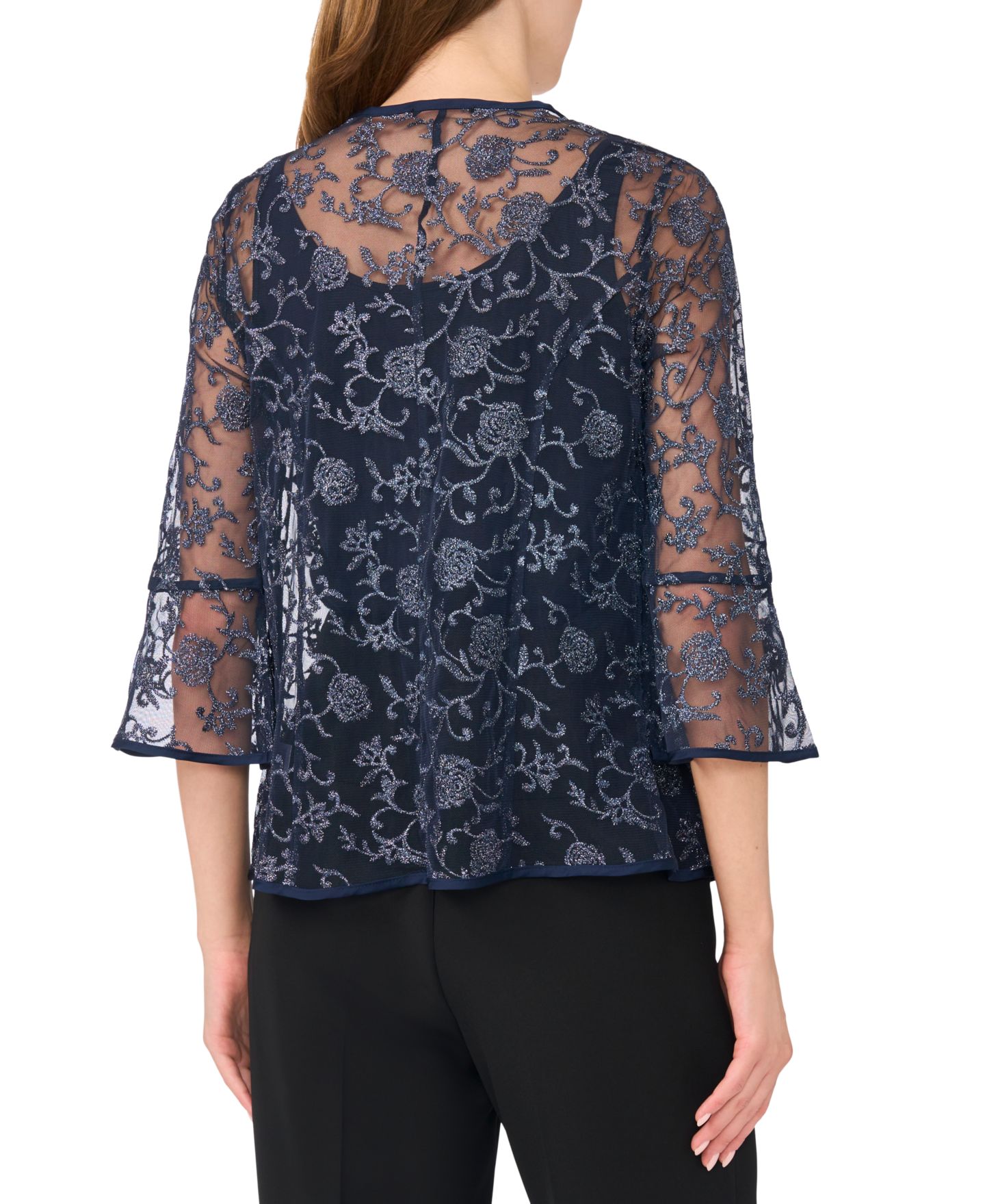 Женский комплект MSK Glitter Lace Floral 3/4 Sleeve Jacket and Tank Top, 2-Piece Set, цвет: Тёмно-синий — фото 3