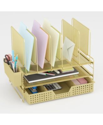 Metal Desk Organizer with Vertical File Holder Drawer Pen Holder Multi-Functional Storage for Home Office School
