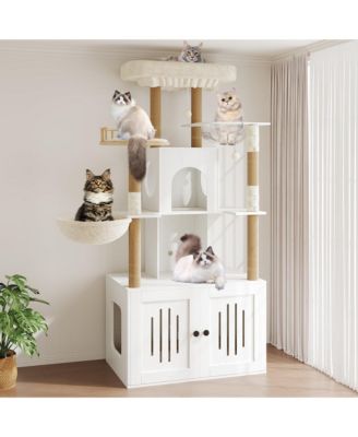 Cat Tree with Hidden Litter Box Enclosure - Multi-Level Tower with Soft Perch, Sisal Scratching Posts, Condo and Hammock