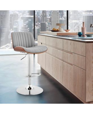 Leather Adjustable Bar Stool with Wood Trim, Modern Swivel Counter Height Chair, Kitchen Stool