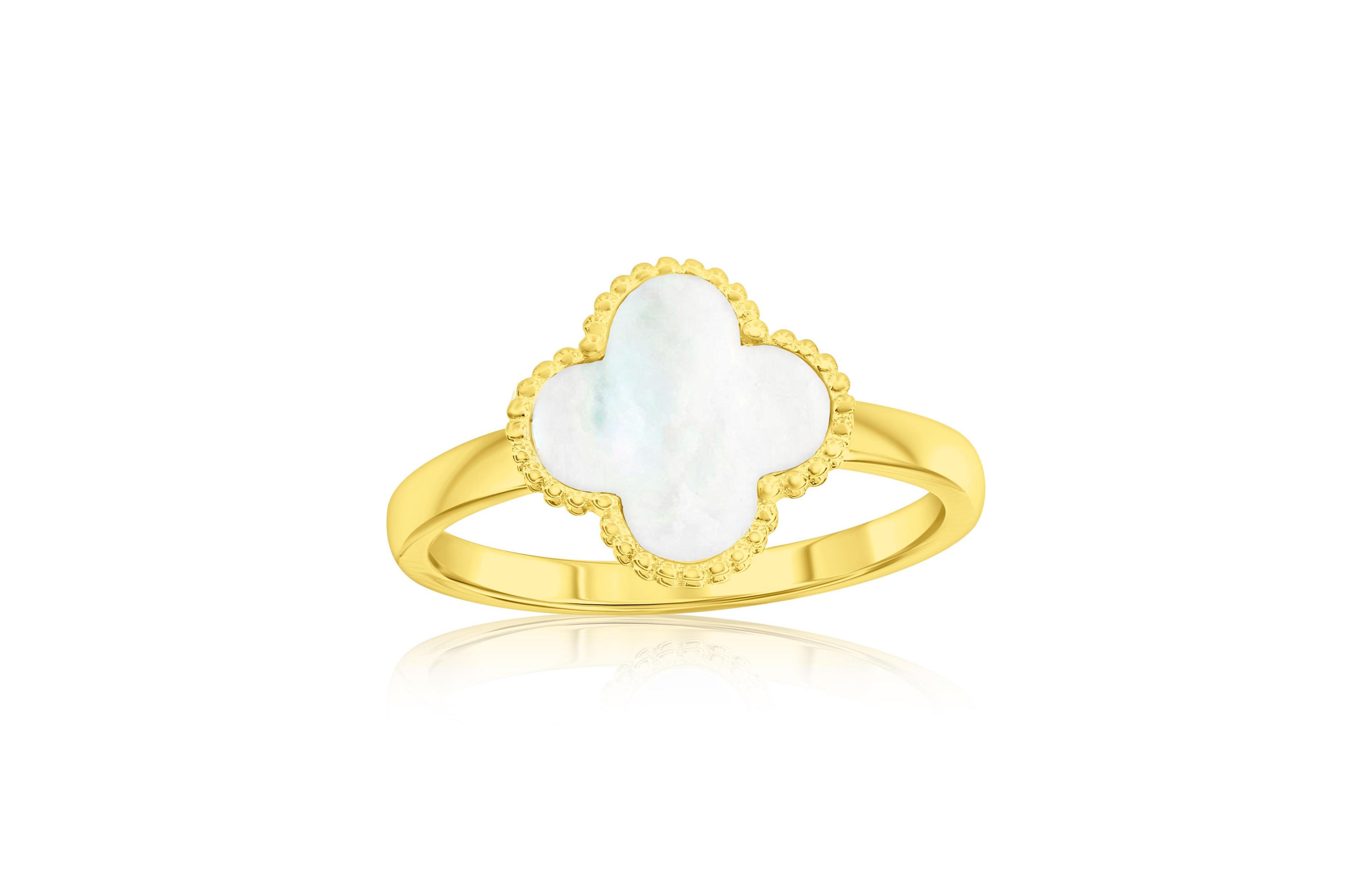 Simona Sterling Silver, Mop Clover, Beaded Outline Ring