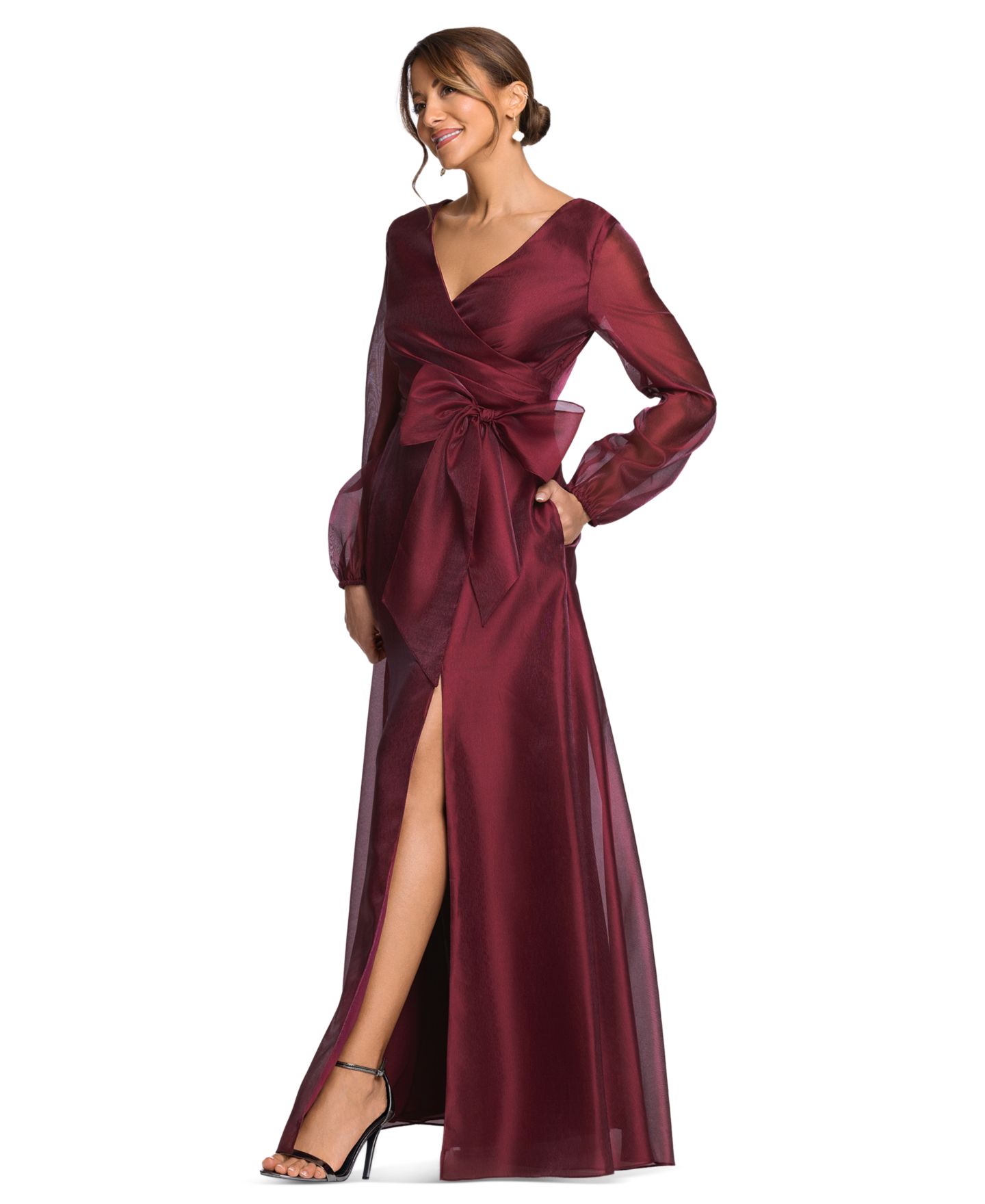 Женское платье XSCAPE V-Neck Long Sleeve Metallic Organza Gown, цвет: Винный — фото 3