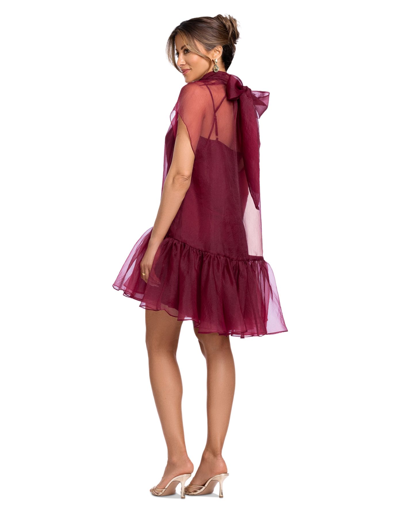 Женское платье XSCAPE Organza Mock Neck Ruffle Hem, цвет: Гранатовый — фото 5