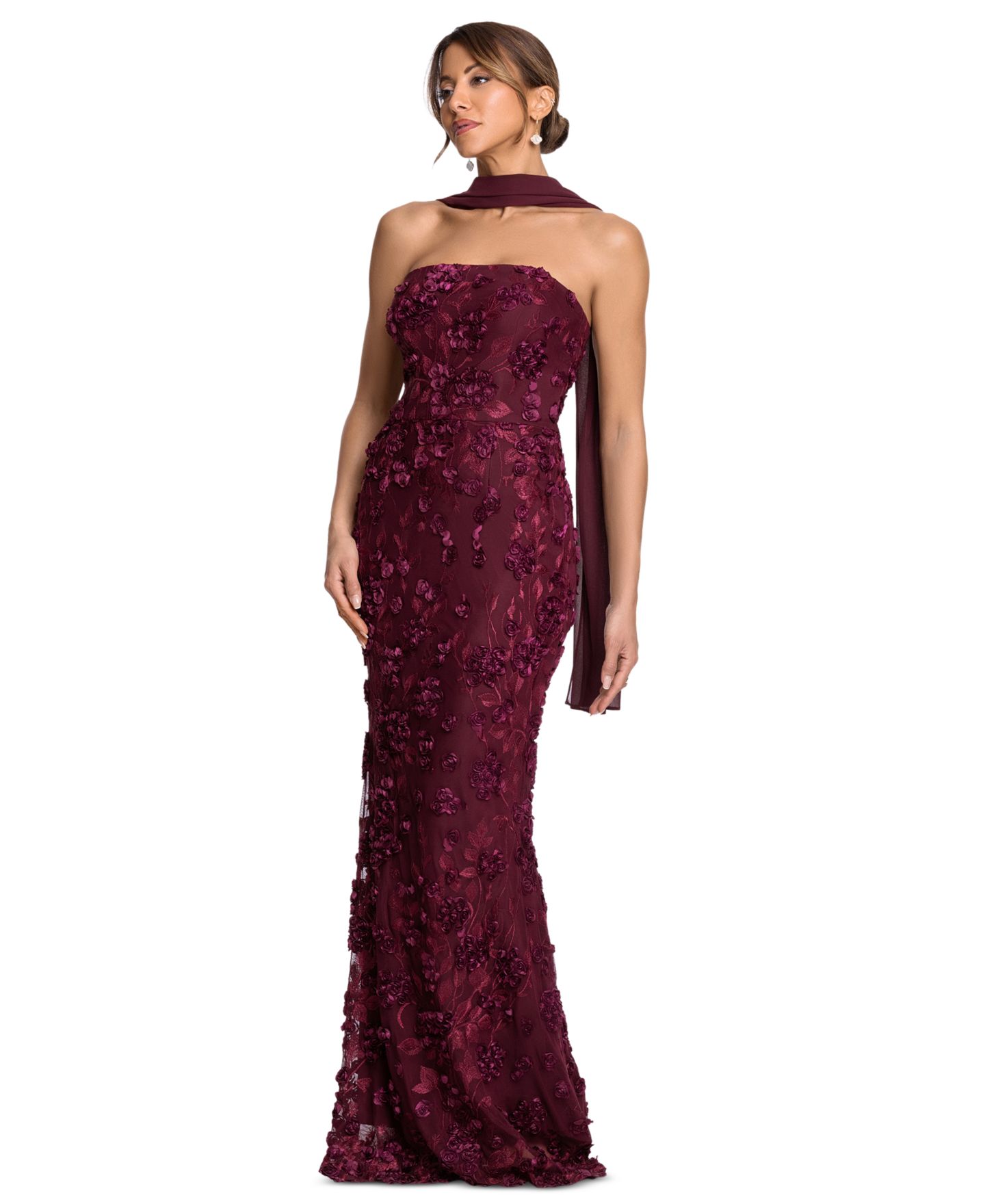 Женские платья XSCAPE Strapless Floral Power-Mesh Gown, цвет: Винный — фото 2