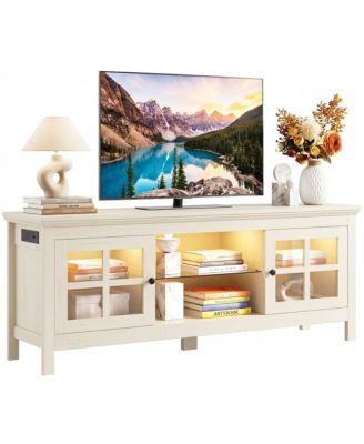 55" TV Stand with Charging Station and LED Lights, Glass Display Cabinet with Shelves