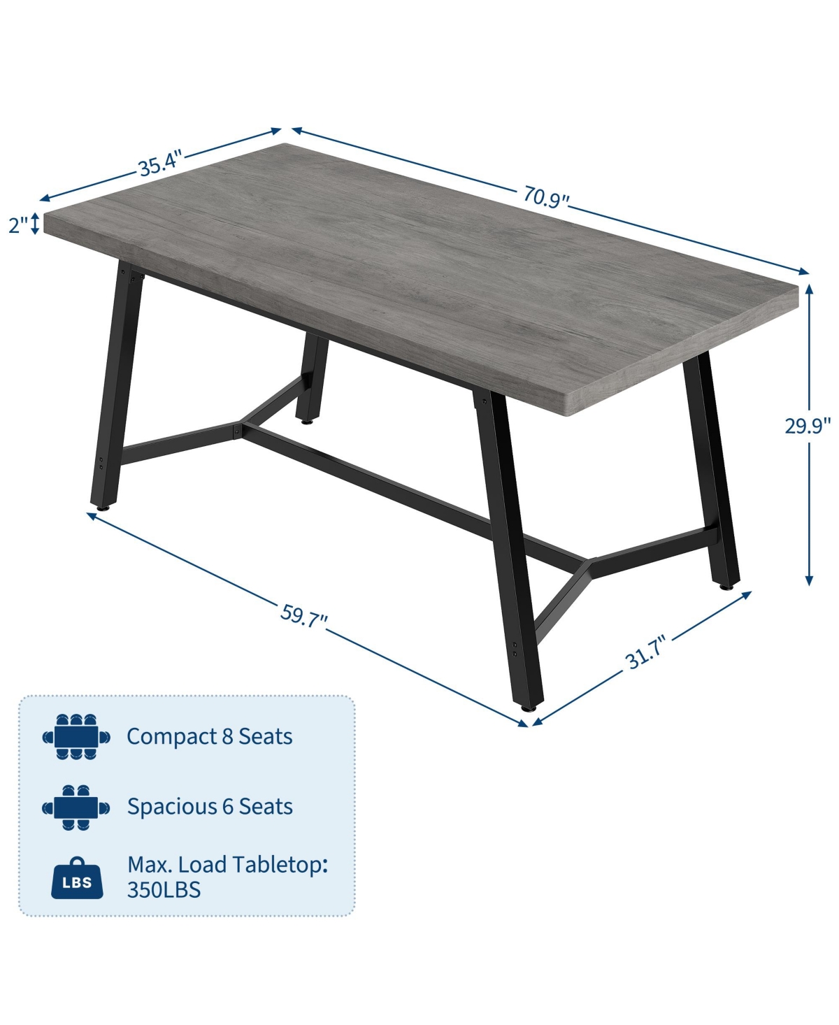 homfan Rectangular Wood Dining Table - 71" Modern Rustic Farmhouse Table with Curved Anti-Collision Edge and Recessed Footrest, Seats 6-8