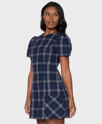 Juniors' Plaid Puff-Sleeve Mini Dress
