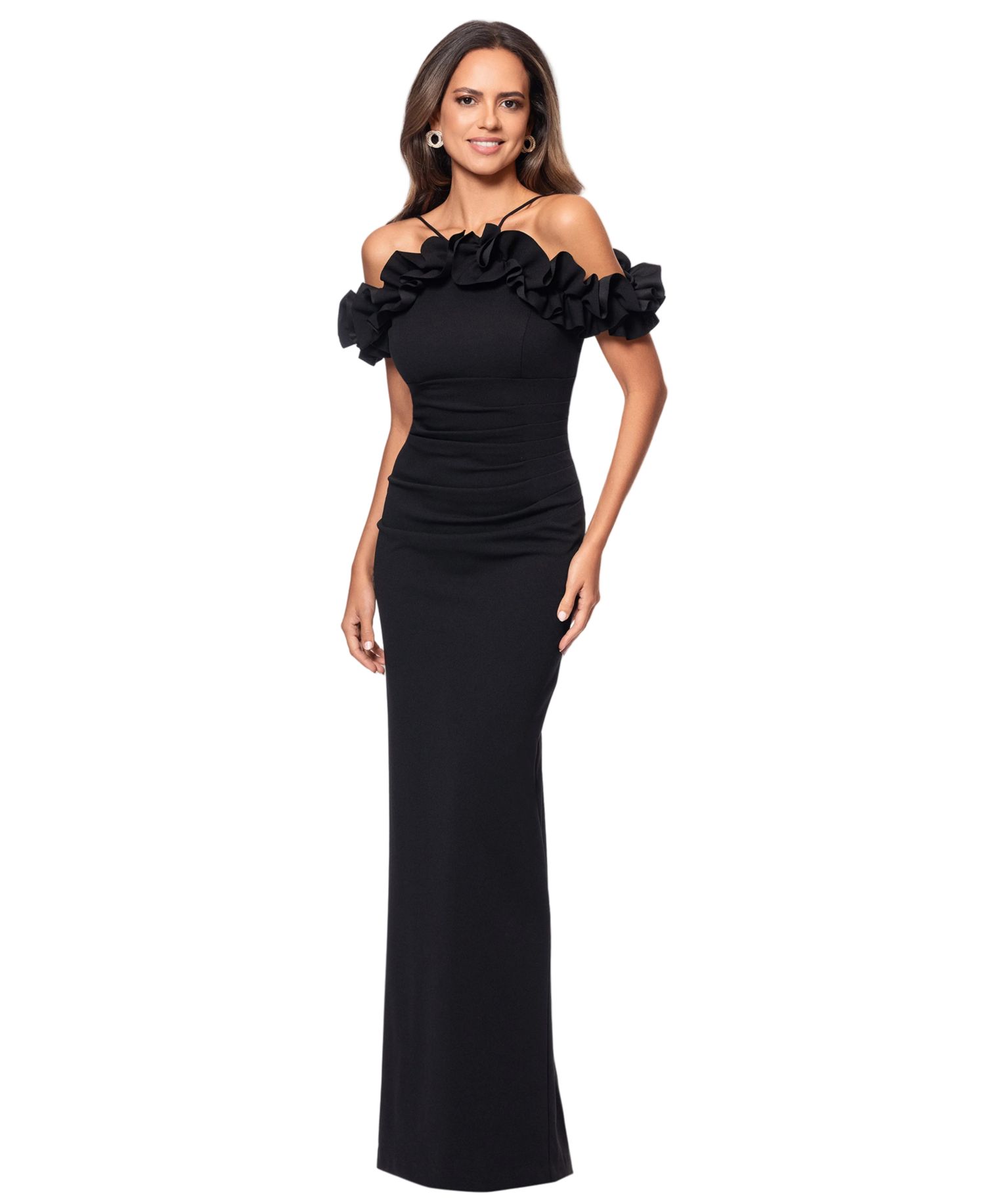 Petite Halter-Strap Ruffled Gown