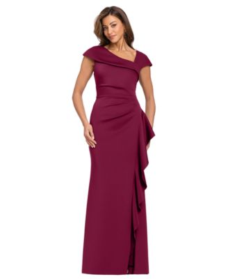 Petite Asymmetric Neck Side Ruffle Gown
