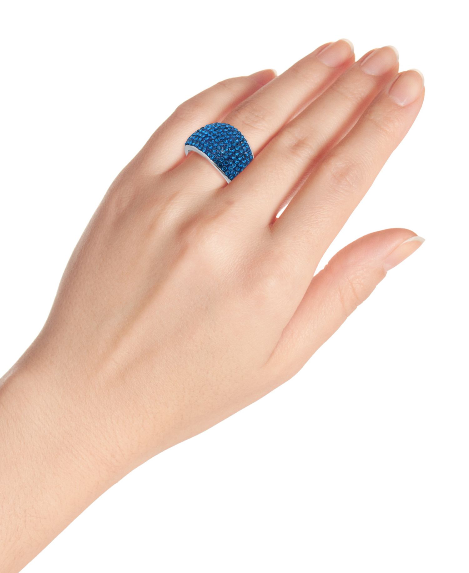 Pave Crystal Fine Silver-Plated Over Brass Indigo Blue Color Dome Shaped Ring