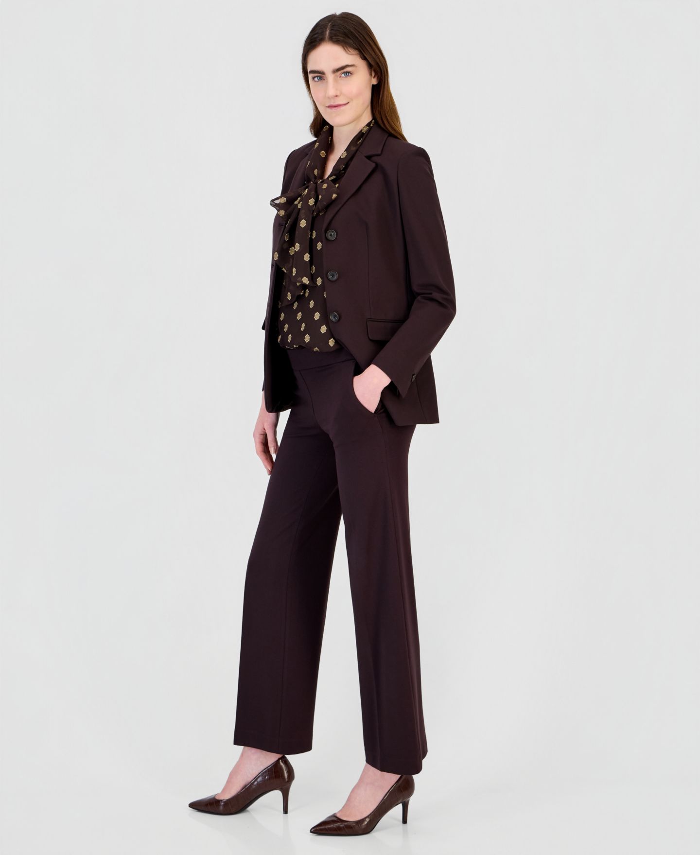 Женские комплекты Anne Klein Blazer, Tie-Neck Top & Pants, цвет: Золотой — фото 2