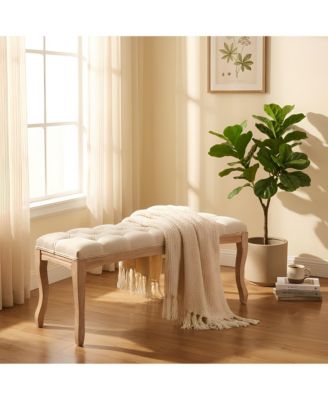 End of Bed Bench for Bedroom, French Vintage Tufted Bench, 43.3" Linen Upholstered Ottoman Seat, Solid Wood Fluted Legs