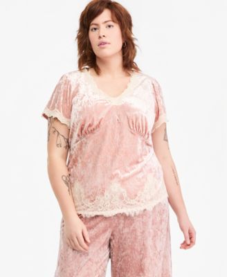 Plus Size Velvet Lace-Trim V-Neck Blouse