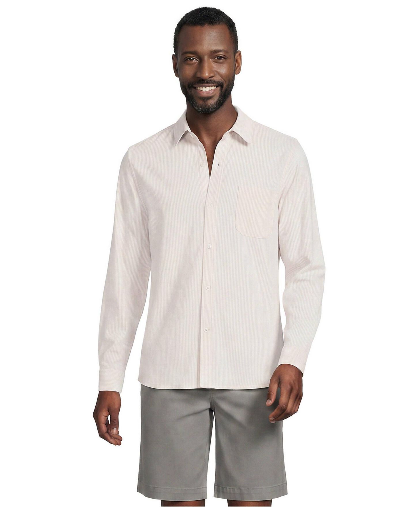 Мужская рубашка Lands' End Long Sleeve Knit Button Down Shirt, цвет: Дюнный серый / Белый полосатый — фото 2