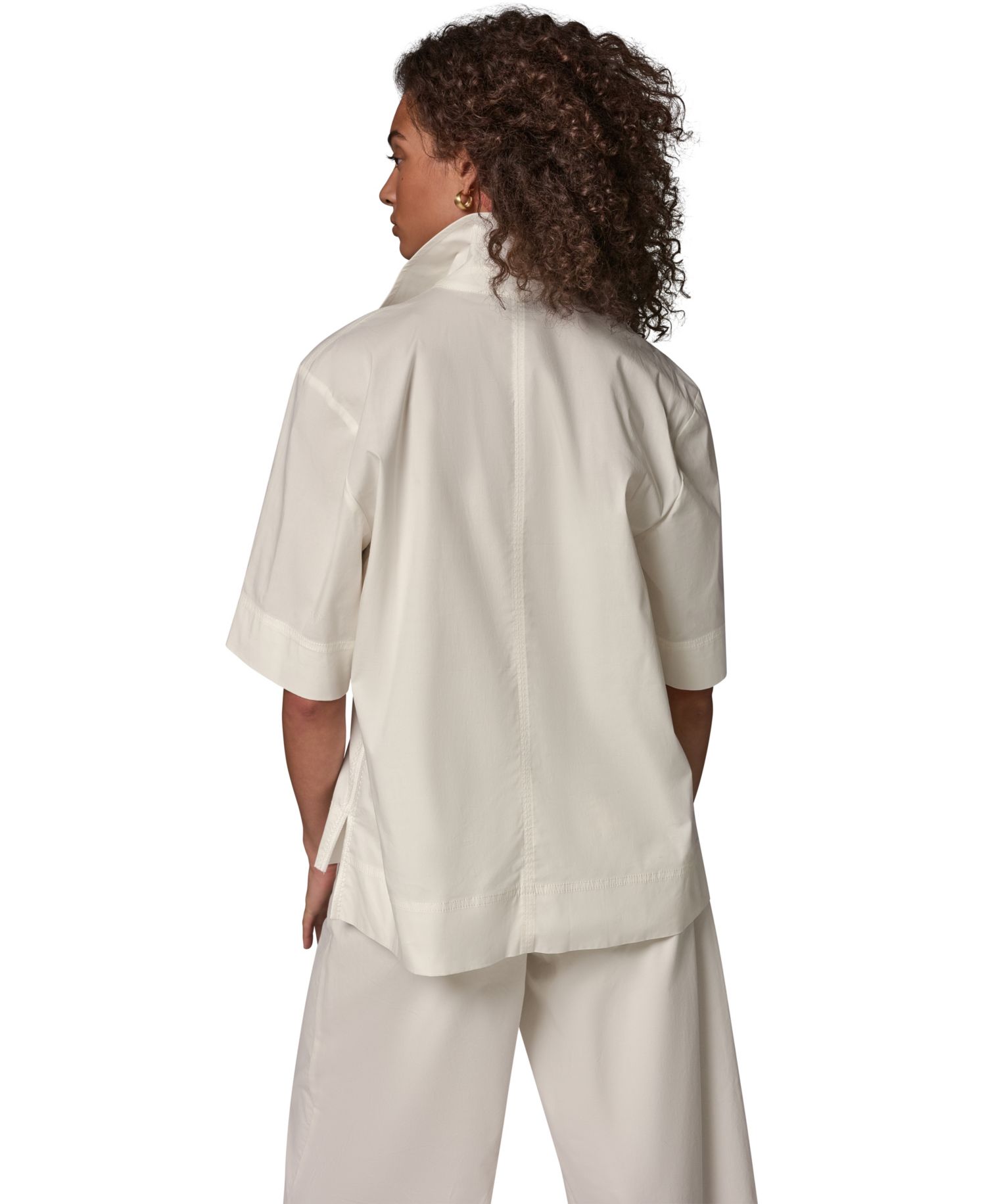 Women's Poplin Short-Sleeve V-Neck Collared Blouse