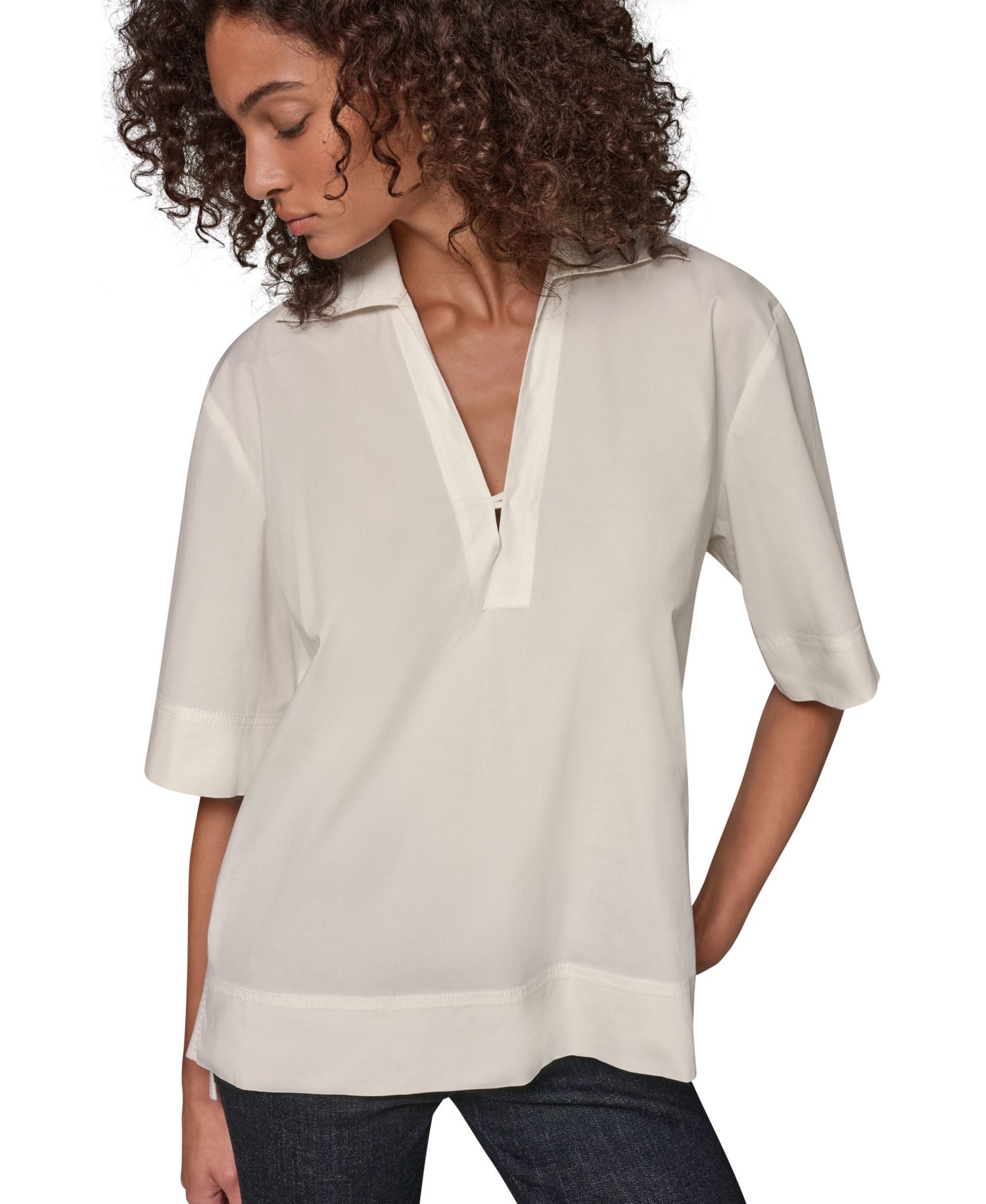 Women's Poplin Short-Sleeve V-Neck Collared Blouse