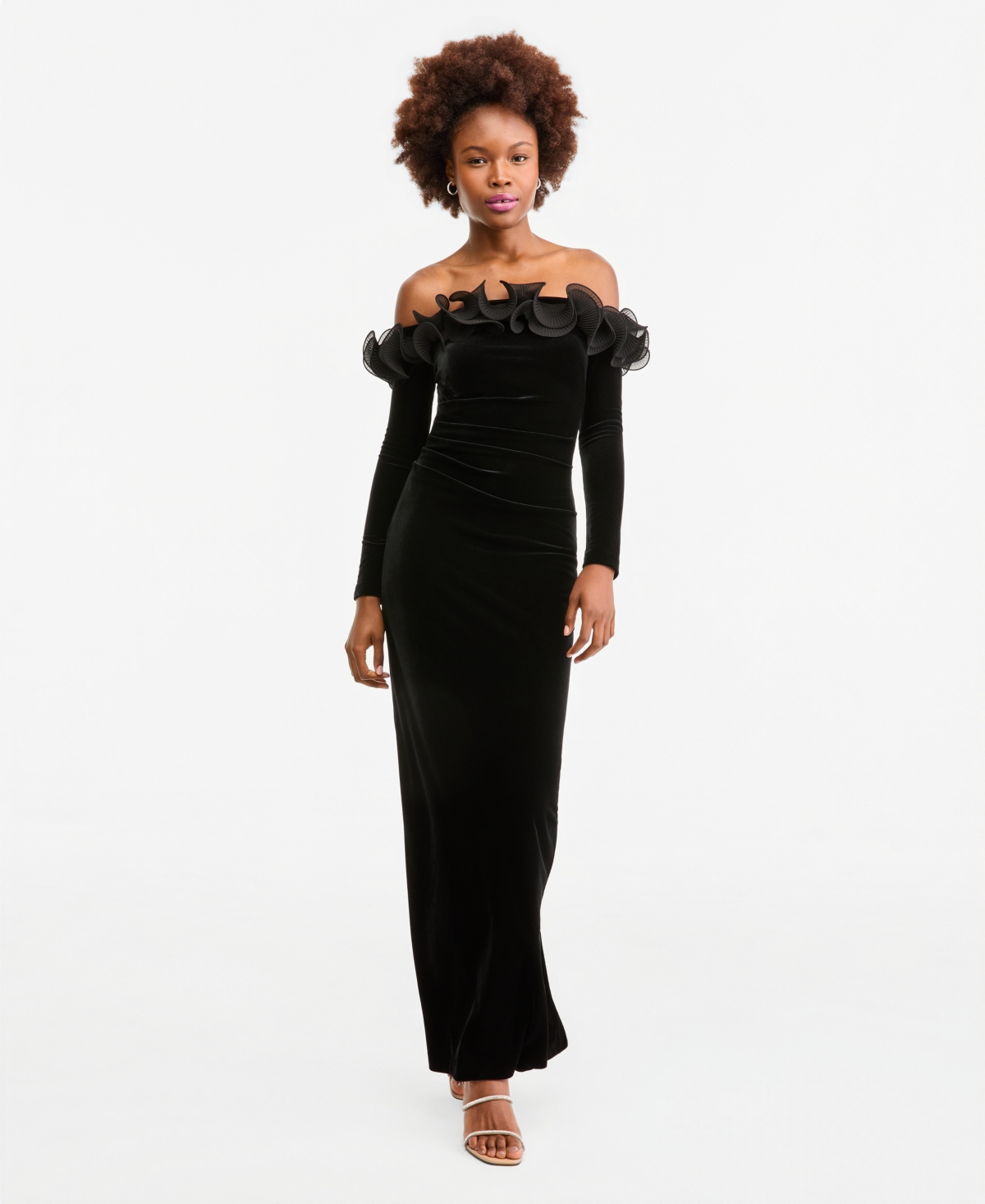 Xscape Women's Off-the-shoulder Velvet Ruffled Gown In Black