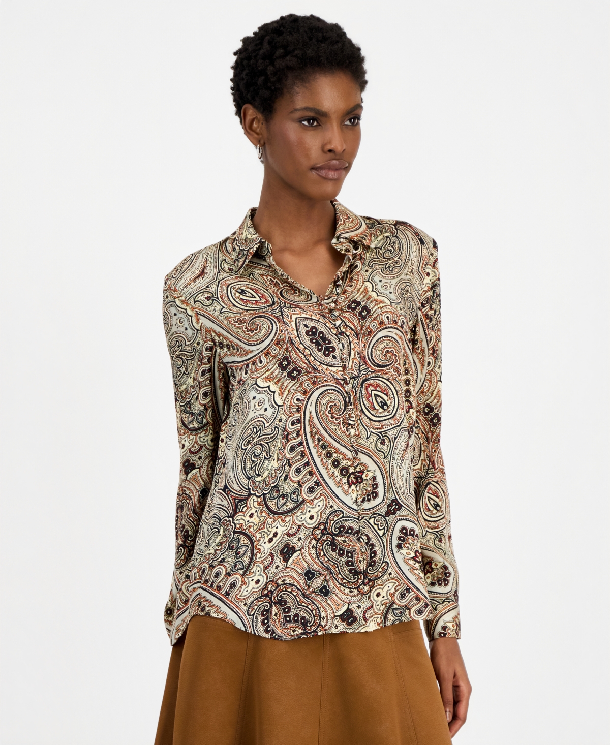 Elie Tahari Women's Pria Silk-Blend Long-Sleeve Collared Blouse