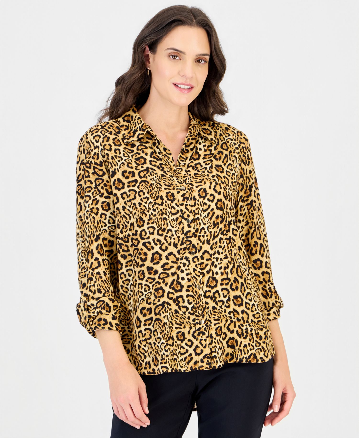 Women's Leopard-Print Roll-Tab Point Collar Button Top