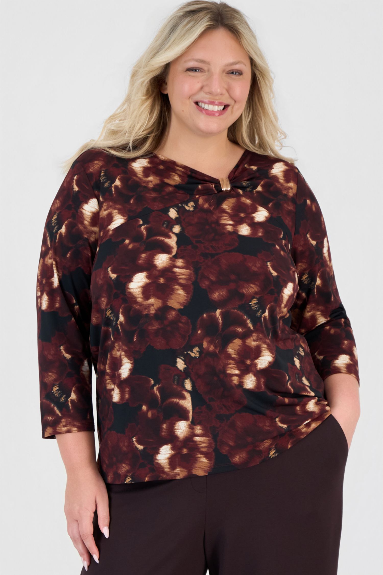 Plus Size 3/4-Sleeve Cowl Neck Asymmetric Blouse