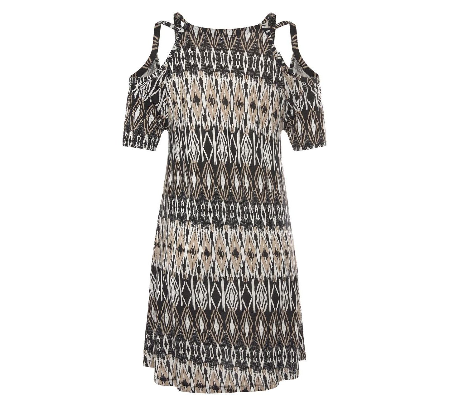 Женское платье LASCANA Viscose Printed Cold Shoulder V-Neck Short, цвет: Чёрный / Кремовый — фото 5