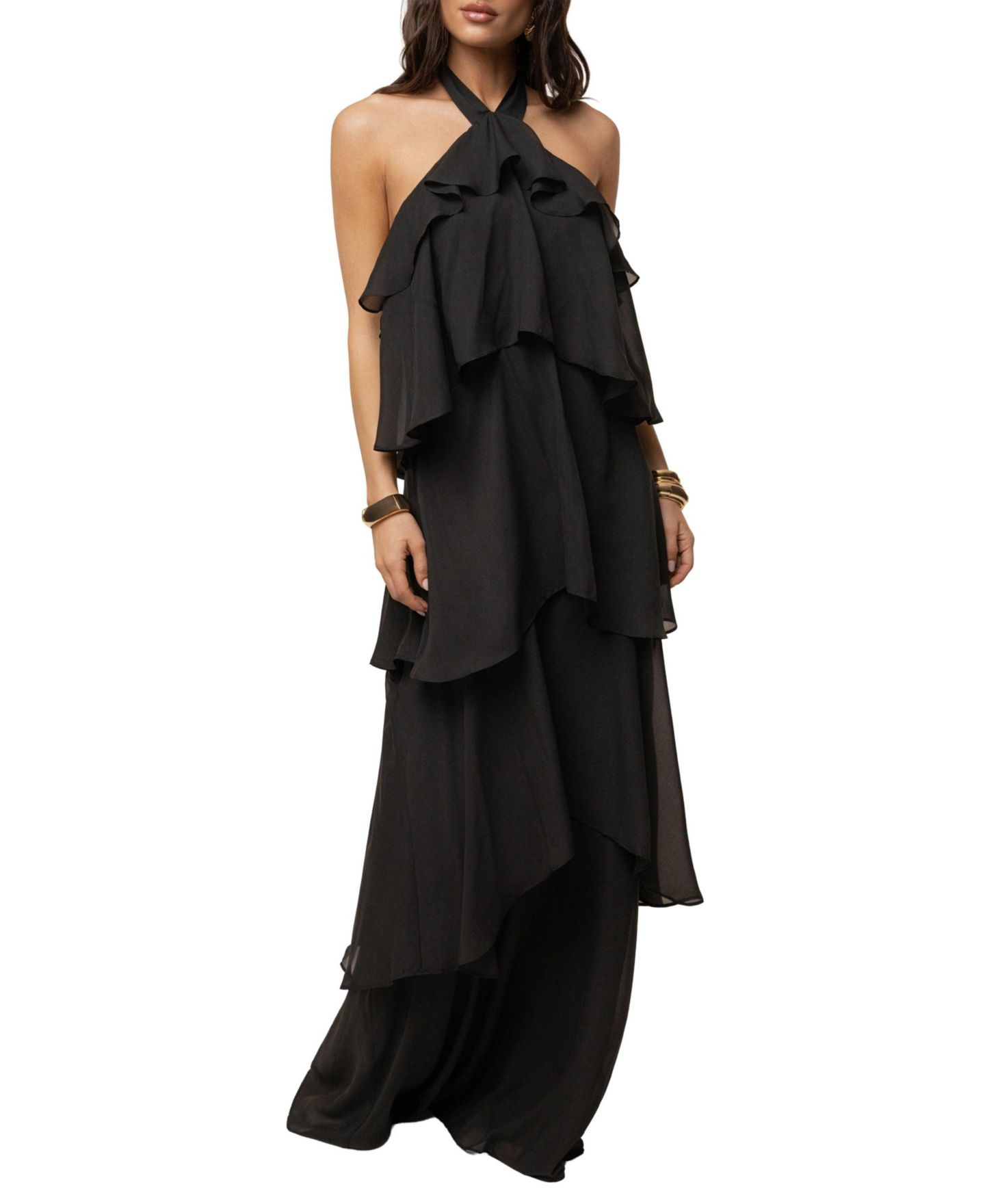 Женское платье JLUXLABEL Head In The Clouds Halter Tiered-Ruffle Wedding Guest Maxi, цвет: Чёрный — фото 6