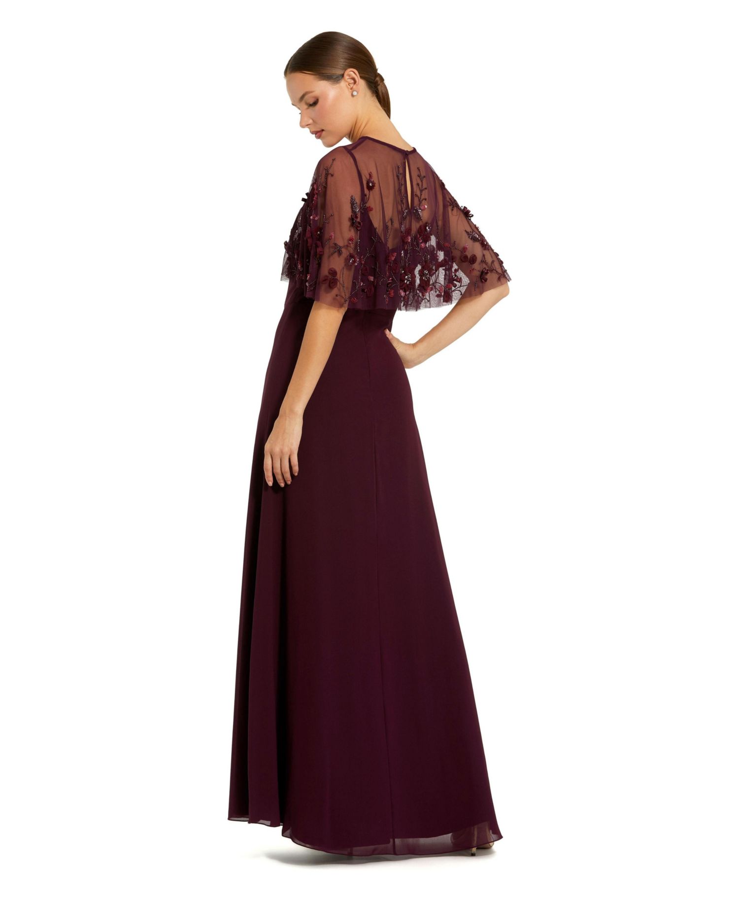 Women's Embroidered Floral Overlay Chiffon Evening Gown