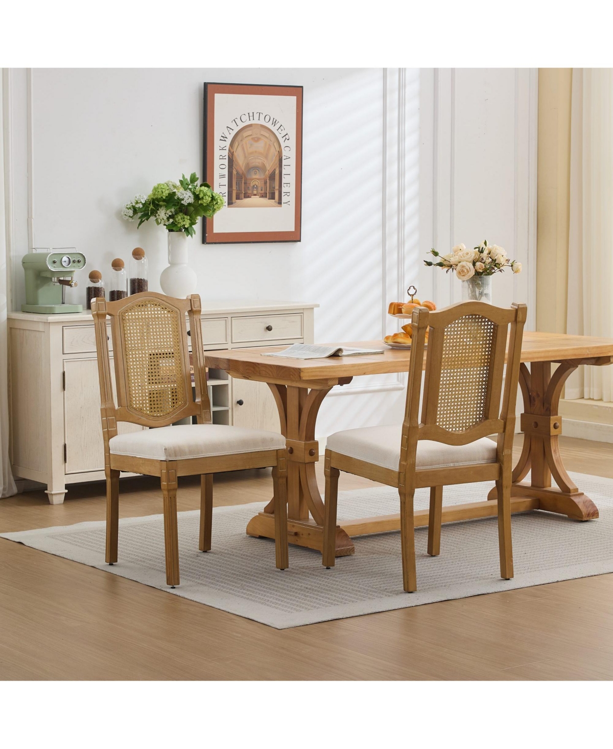 Clihome Set of 2 Solid Wood Rattan-Back Dining Chair, Matte Linen Cushion with High-Resilience Foam