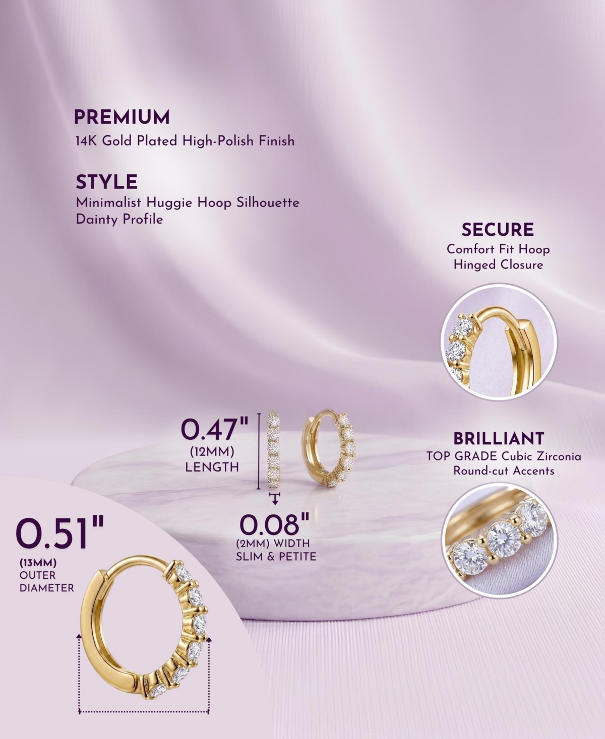 Rachel Glauber Elegant Extra Mini Huggie Hoop Earrings White Gold Plated or 14K
