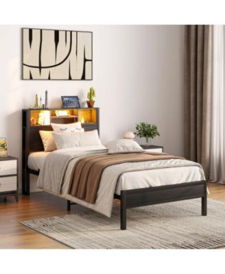 Twin Size Bed Frame with Storage Headboard, Charging Station, Bookcase, LED Lights, Metal Platform, No Box Spring Needed
