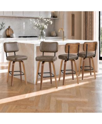 Counter Height Bar Stools Set of 4, 26" Swivel Bar Stools with Back and Bentwood Legs Upholstered Counter Stools