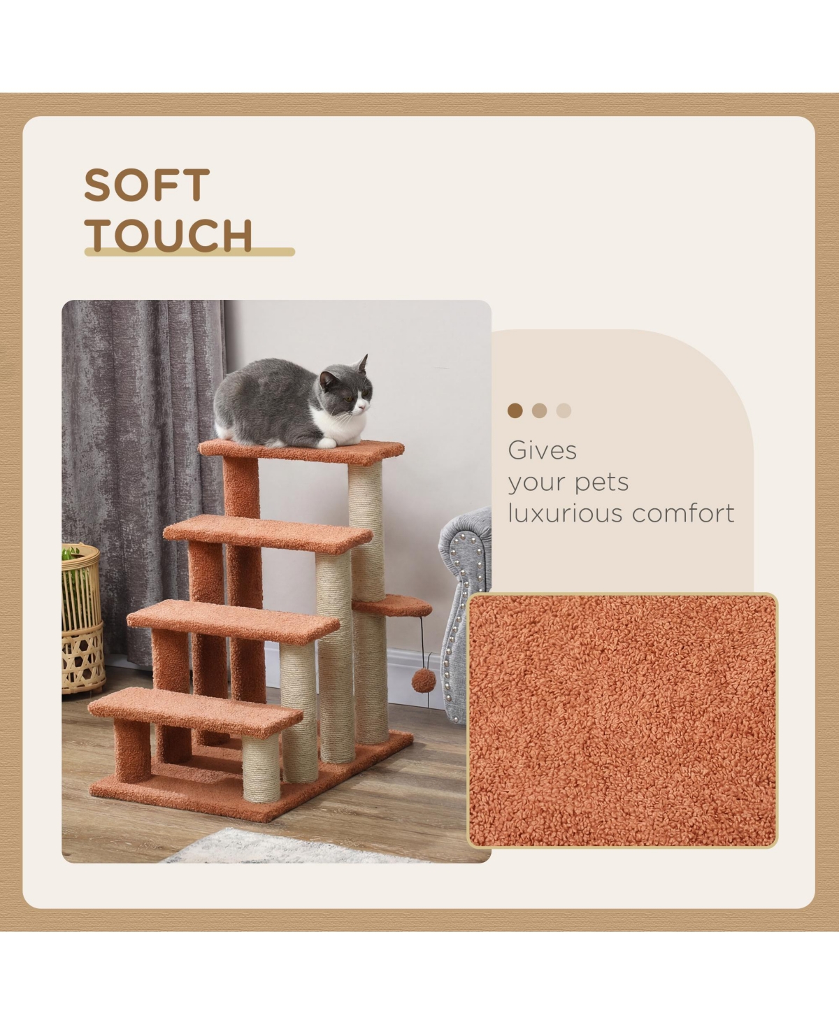 Ruie 4 Level Cat Steps with Scratching Posts for High Beds and Sofas
